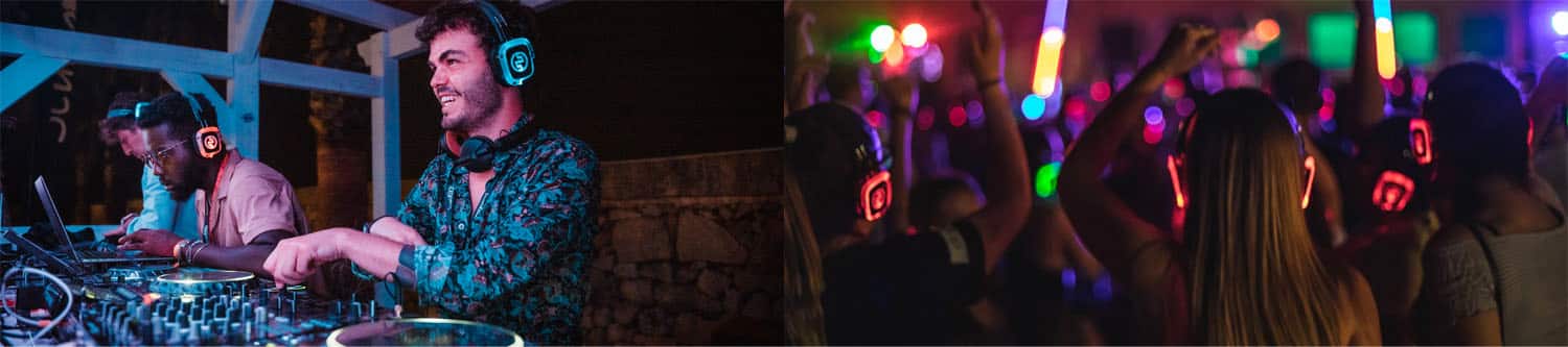 Cosa è la silentdisco Silent disco koptelefoons huren bij Silentsystem - koptelefoonfeest met draadloze koptelefoons
