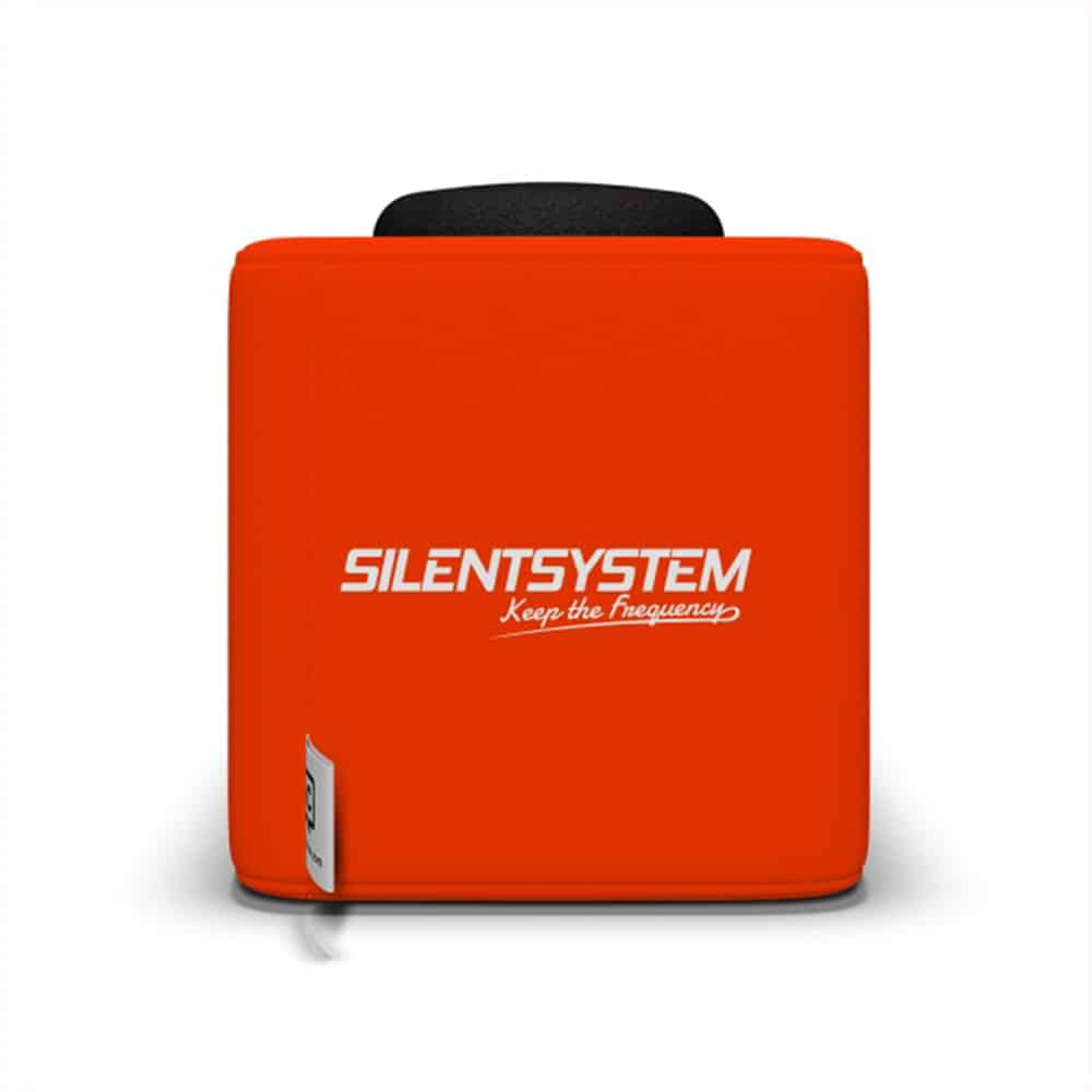 Oranje gooibare Catchbox-microfoon met Silentsystem-logo